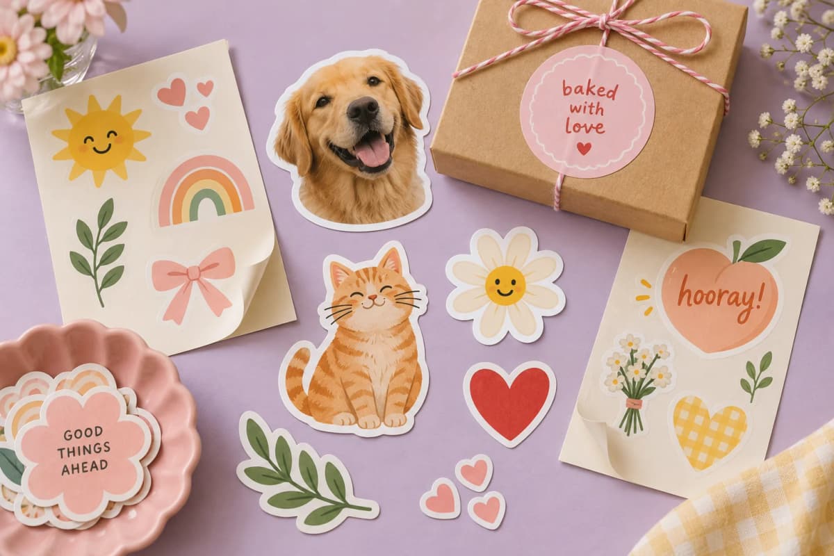 Pet portrait stickers, a bakery label on a gift box, and playful colourful sticker sheets