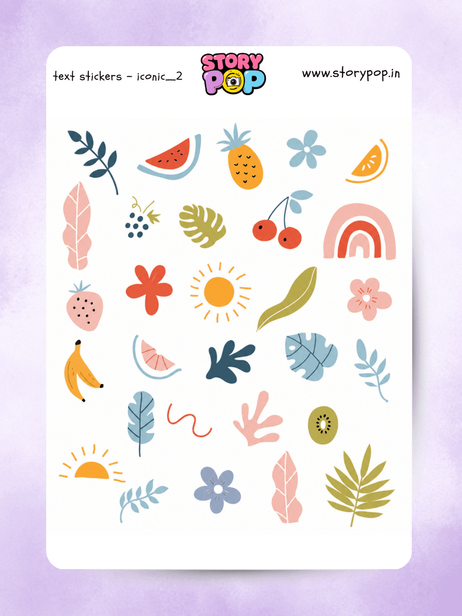 Aesthetic nature icon sticker sheet with florals, fruits and smiley accents