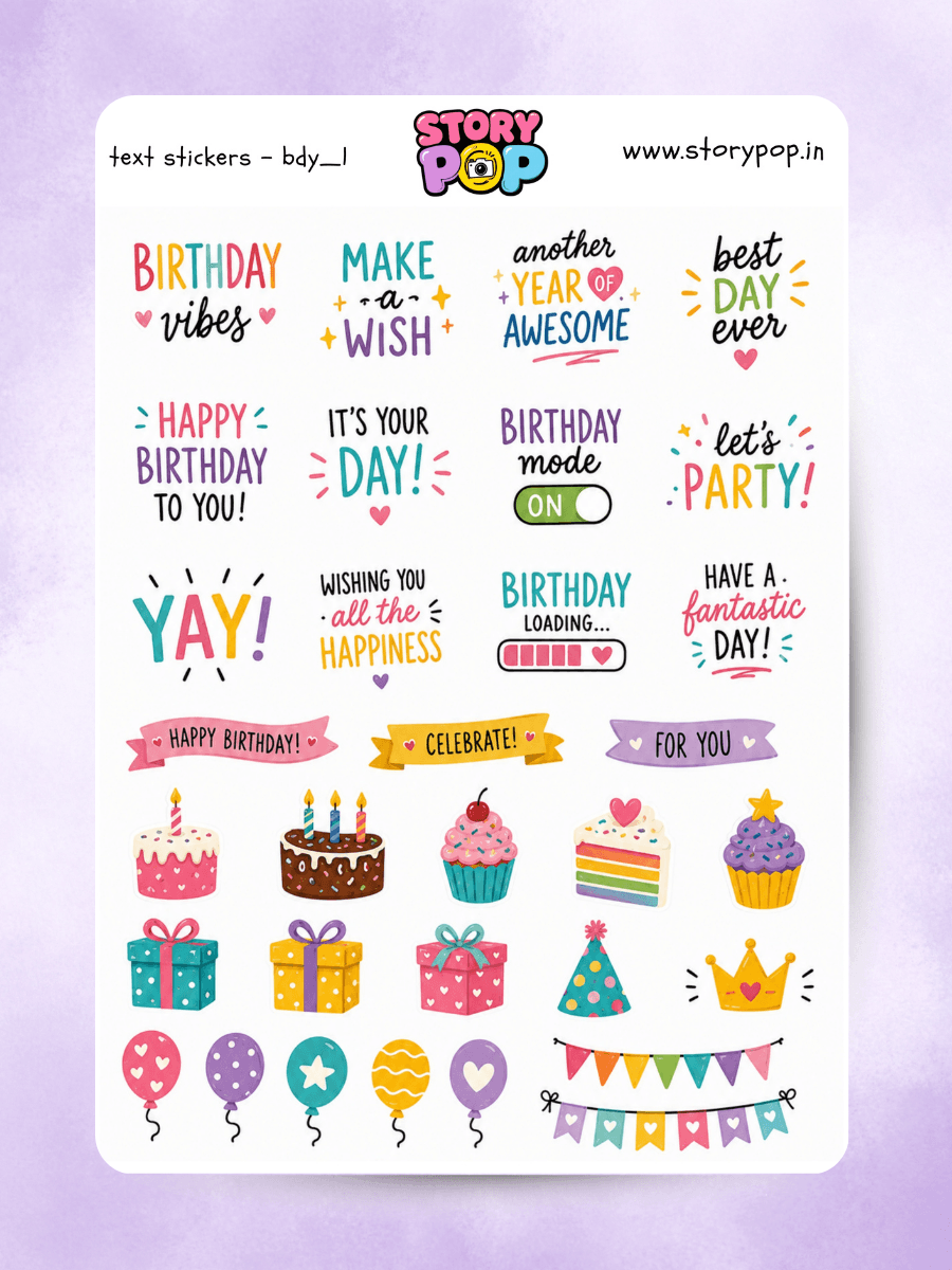 Birthday quote sticker sheet with celebration captions and party words