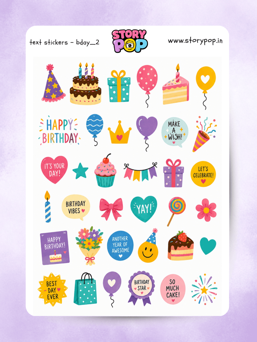 Birthday sticker sheet with cakes, balloons, gifts and party icons