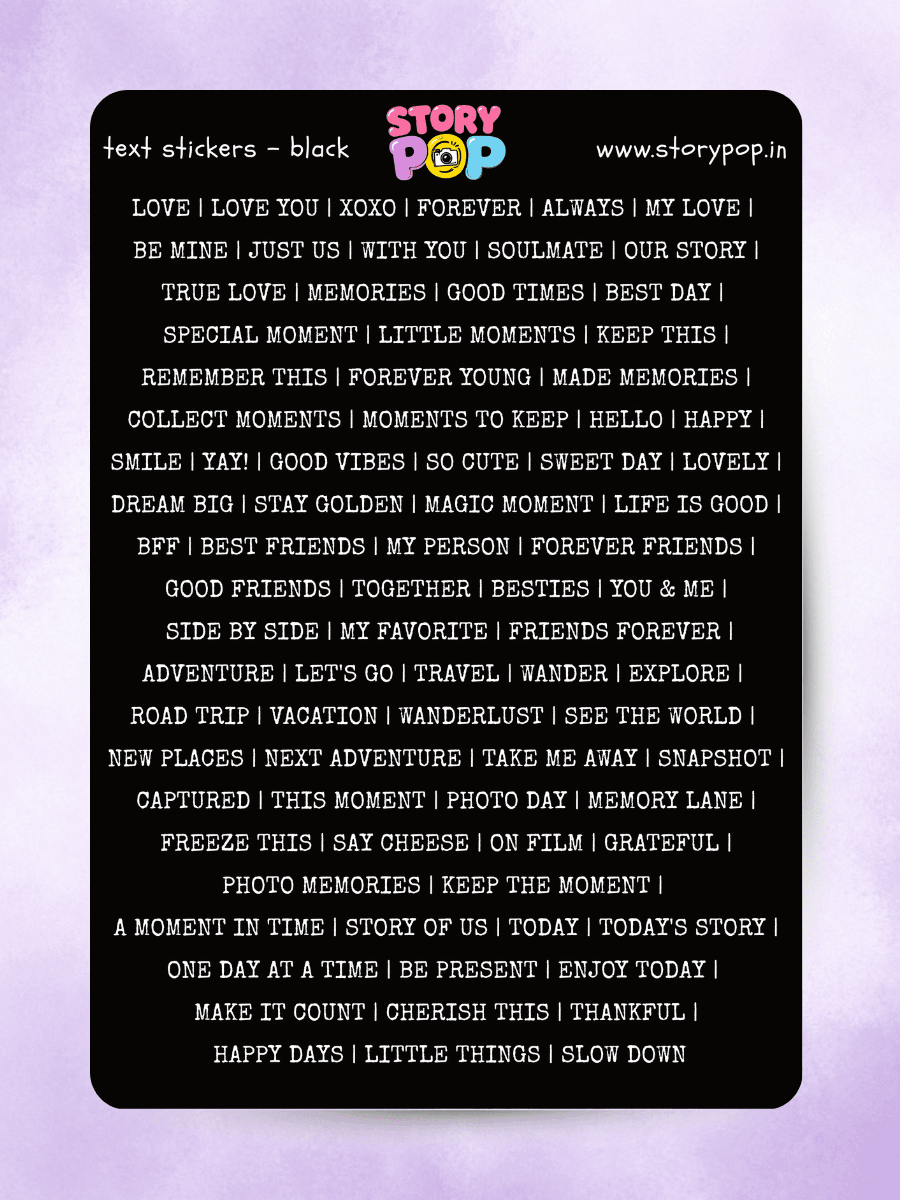 Black quote and word sticker sheet for photo album captions