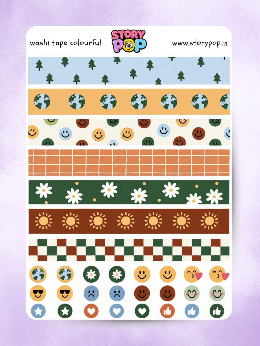 Decorative washi tape sticker strips with flowers, icons and colourful patterns