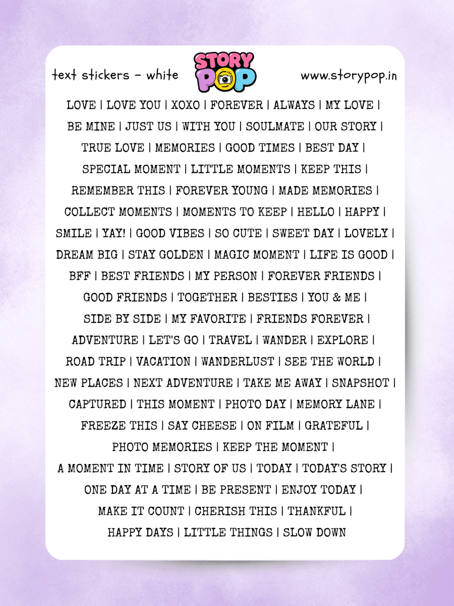 White quote and word sticker sheet for photo album captions