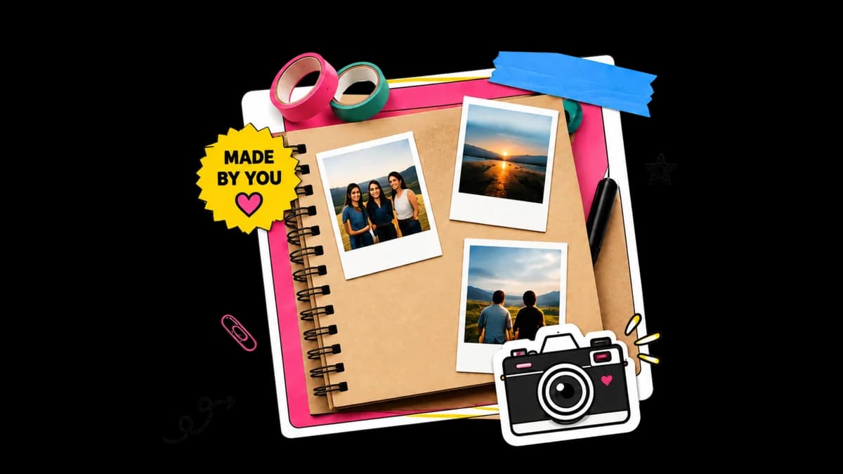 Scrapbook with polaroid photo prints, washi tape and a camera