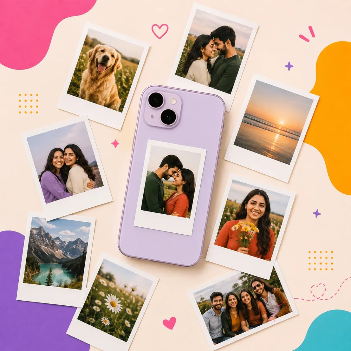 Mini polaroid prints displayed alongside a phone collage