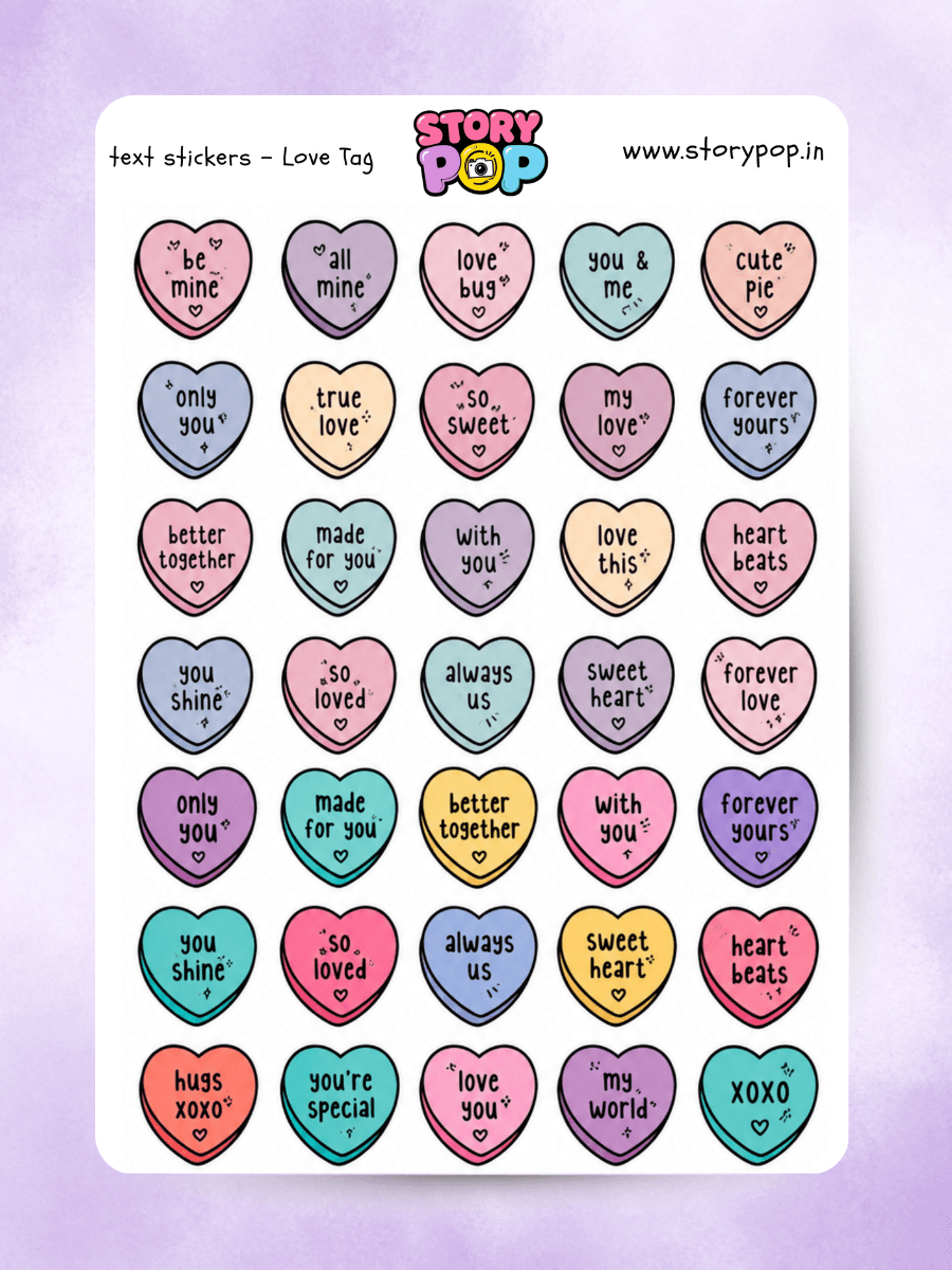 Colourful heart sticker sheet with love notes and romantic captions