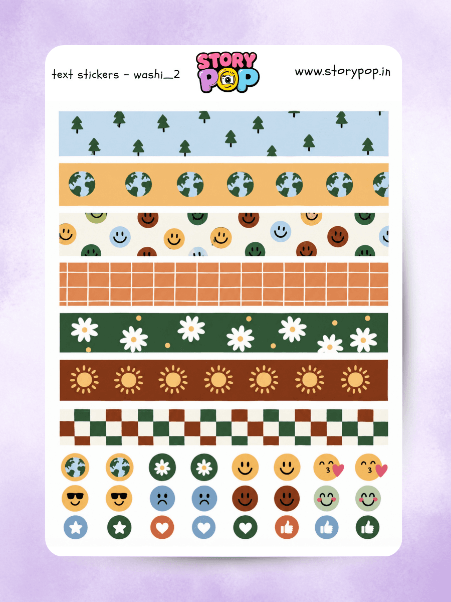 Colourful patterned washi tape sticker strips with floral and icon designs