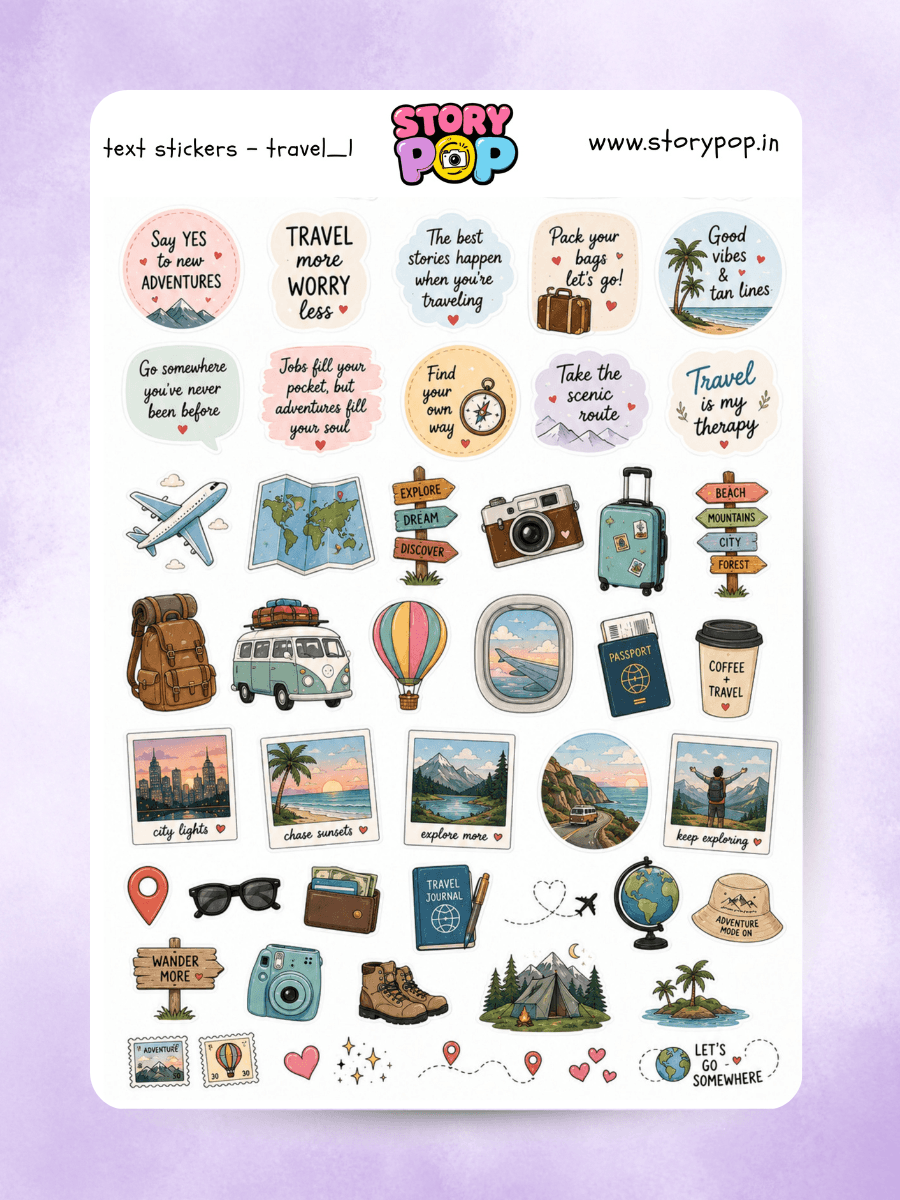 Travel sticker sheet with cameras, maps, luggage and adventure captions